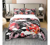 Homemissing Koi Bedding Set Double Kids Cherry Blossoms Comforter Cover Set for Boys Sunset Duvet Cover 100% Cotton Sea Waves Red and Black Bedspread Cover Room Decor Quilt Cover