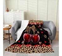 Homemissing Leopard Print Bow Fleece Throw Blanket Kawaii Bowknot Flannel Blanket Plush Fuzzy Cute Cherry for Bed Couch Chair Black Red Queen 90x90Inch Anime Bedroom Decor