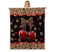 Homemissing Leopard Print Bow Sherpa Blanket Plush Fuzzy Kawaii Bowknot Fleece Throw Blanket Boys Girls Cute Cherry for Bed Couch Chair Living Room Black Red Bedroom Decor Anime Queen 90x90Inch