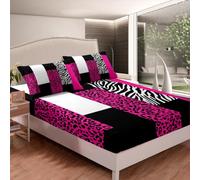 Homemissing Leopard Zebra Fitted Sheet Single, Zebra Stripes Bed Sheet Set Pink Black Zebra Stripes Bedding Set for Boys Girls Safari Bed Cover With 1 Pillow Case (No Flat Sheet)
