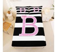 Homemissing Letter B Fitted Sheet Single Size for Kids Black White Stripe 16" Deep Pocket Fitted Sheet Kwaii Pink Bow Bedding with 1 Pillowcase Personalized Initial Print Room Decor Girly Stripe Art