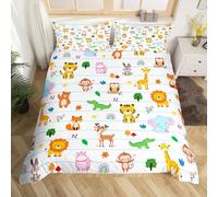 Homemissing Lion Fox Owl Elephant Duvet Cover Set King Size For Kids Boys Teens 3D Animal Printed Bedding Set Cartoon Zoo Comforter Cover Set Zoo Animal White Quilt Cover with 2 Pillowcase