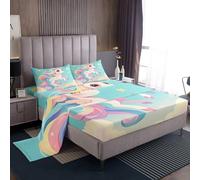 Homemissing Magical Unicorn Bed Sheets Set King Size for Kids Boys Girls Girls Cute Unicorn Bedroom Decor Dreamy Star Print 4Pcs with Fitted Sheet+2 Pillowcases Cartoon Animals Bedding