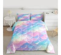 Homemissing Mermaid Scales Kids Comforter Set King Size Gradient Bedding Set Princess Decor Duvet Quilt Bedroom Ocean Life Sea Animal Decor Purple Blue Microfiber Ultra Soft Breathable