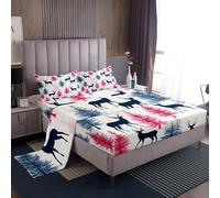 Homemissing Merry Christmas 4 Pieces Sheet with 16 Inch Deep Pockets Kids Christmas Tree Bedding Double Xmas Deer Elk Decor Bed Sheets Set for Men Decor Soft Microfiber Snowflake With 2 Pillow Case