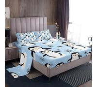Homemissing Merry Christmas 4 Pieces Sheet with 16 Inch Deep Pockets Kids Xmas Penguin Bedding King Christmas Animals Bed Sheets Set for Women Men Decor Soft Microfiber Snowflake With 2 Pillow Case