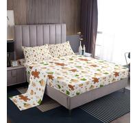 Homemissing Merry Christmas Bed Sheets Set Double Size Gingerbread Man Deep Pocket Fitted Sheet Candy Cake Bedding Sets Soft Bed Set 4Pcs with 2 Pillow Cases