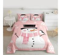 Homemissing Merry Christmas Bedding Set Soft for Boys Girls, Snowman Comforter Set Double Size Snowflake Duvet Quilt Microfiber Bedroom Decor Rouge Powder 3 Pcs with 2 Pillow Cases