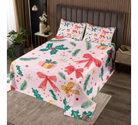 Homemissing Merry Christmas Bedspread 3 Pieces King Size Cute Bow Coverlet Set Soft Cozy Pink Xmas Deer Elk Decor Lightweight Quilted Coverlet for All Season With 2 Pillowcases