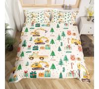 Homemissing Merry Christmas Excavator Duvet Cover Xmas Construction Vehicles Bedding Set for Kids Boys Room Decor Christmas Tree Comforter Cover Double Size Holiday 3Pcs Zipper Breathable Soft