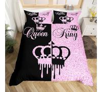 Homemissing Modern Queen and King Crown Duvet Cover Super King Size Black and Pink Bedding Set Teens Adults Couple Comforter Cover Set 3 Pieces Girls Boys Valentines Day Gifts Bedding (No Glitter)