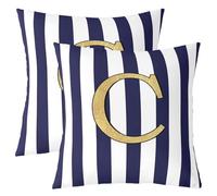 Homemissing Monogram Letter C Design Throw Pillow Covers Set of 2 Navy Blue Striped Cushion Case Gold Foil Initial Decor Pillowcase Personalized Indoor Outdoor Classic Preppy Theme Super Soft 50x50cm