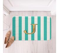 Homemissing Monogram Letter J Design Bathroom Rugs Turquoise Striped Bath Mats Microfiber Gold Foil Initial Bathroom Accessories Personalized Floor Doormats Non-Slip 16x24Inch Vibrant Teal Decor Soft