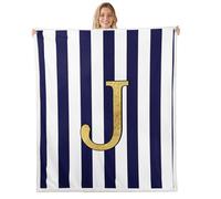 Homemissing Monogram Letter J Design Sherpa Throw Blanket for Couch Navy Blue Striped Super Soft Cozy Fleece Gold Foil Initial Blanket Plush Throw Personalized Queen 90x90Inch Classic Preppy