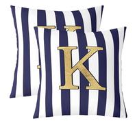 Homemissing Monogram Letter K Design Throw Pillow Covers Set of 2 Navy Blue Striped Cushion Case Gold Foil Initial Decor Pillowcase Personalized Indoor Outdoor Classic Preppy Theme Super Soft 45x45cm