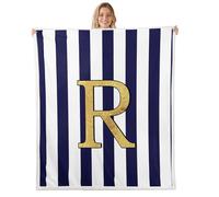 Homemissing Monogram Letter R Design Sherpa Throw Blanket for Couch Navy Blue Striped Super Soft Cozy Fleece Gold Foil Initial Blanket for Winter, Plush Throw Personalized 40x50Inch Classic Preppy