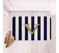 Homemissing Monogram Letter V Design Bathroom Rugs Navy Blue Striped Bath Mats Microfiber Gold Foil Initial Personalized Floor Doormats Non-Slip 16x24Inch Classic Preppy Theme Soft