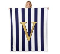 Homemissing Monogram Letter V Design Sherpa Throw Blanket for Couch Navy Blue Striped Super Soft Cozy Fleece Gold Foil Initial Blanket Plush Throw Personalized Double 60x79Inch Classic Preppy