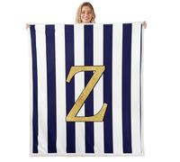 Homemissing Monogram Letter Z Design Sherpa Throw Blanket for Couch Navy Blue Striped Super Soft Cozy Fleece Gold Foil Initial Blanket Plush Throw Personalized Single 50x60Inch Classic Preppy