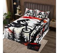 Homemissing Motocross Bedspread King Size Red Splatter Elements Coverlet Set Dirt Bike Quilted Coverlet for All Season With 2 Pillowcases Motorbike Microfiber Lightweight Dynamic Racing Scene
