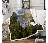 Homemissing Mountain Yosemite Sherpa Blanket Falls Trees Mountain Autumn Nature Print Fleece Throw Blanket Dark Green Fuzzy Blanket for Sofa Bed,Double 60x79 Inch