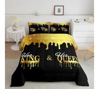 Homemissing Mr And Mrs Bedding Set Double, Golden Black King and Queen Comforter for Lovers Husband and Wife Comforter Set Couple Lover Duvet Set 4Pcs