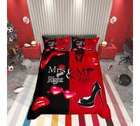 Homemissing Mr Mrs Bedding Set Couple Romantic Wedding Duvet Cover Black Red Creative Funny Quote Comforter Cover Sexy Red Lip Mustache Romance Bedspread Cover 2Pcs Single Size