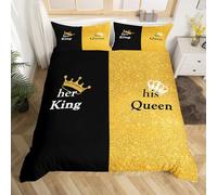 Homemissing Mr Mrs Duvet Cover King Size, Golden Glitter Print Crown Comforter Cover His and Her Bedding Set for Lovers King and Queen Bedspread Cover With 2 Pillow Case