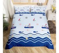 Homemissing Nautical Duvet Cover Sailboat Printed Bedding Set Ocean Themed Comforter Cover for Boys Girls Kids Sea Adventure Bedspread Cover Double With 2 Pillow Case