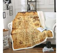 Homemissing Nautical Island Map Sherpa Blanket Kids Vintage Old Map Pirate Ship Fleece Throw Blanket Ocean Ancient Pirate Skull Fuzzy Blanket for Sofa Bed,Double 60x79 Inch