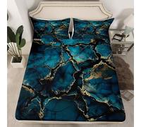 Homemissing Navy Blue Modern Marble Bed Set - Double Size Fitted Sheet with Retro Watercolor Abstract Texture Print and Metallic Design