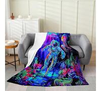 Homemissing Neon Astronaut Flannel Blanket Plush Fuzzy Underwater Space Fleece Throw Blanket for Boys Girls Coral Jellyfish Plush Lightweight Sofa Throw Deep Sea Queen 90x90Inch Ocean Themed
