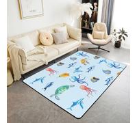 Homemissing Ocean Creatures Area Rug 100 * 150cm Polyester Octopus Shark Pattern Living Room Rugs for Bedroom Sea Turtle Decor Carpet Tropical Fish Indoor Floor Mat Sea Creatures Soft Non-slip