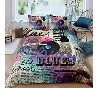 Homemissing Old Newspaper Bedding Set Music Rock Record Bedding &Linen Guitar Old School Retro Blues Multicolor Decor 2Pcs Single Vintage Duvet Cover Set Soft