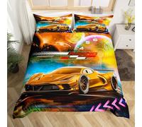 Homemissing Orange Race Car Bedding Set Super King Size for Kids Boys Extreme Sports Car Duvet Cover Decorations Teens Toddler Galaxy Planet Car Duvet Set Cool Modern Comforter Cover 3Pcs