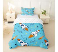 Homemissing Outer Space Duvet Cover Junior/Cot Bed Galaxy Bedding Set for Boys Girls Space Rocket Print Comforter Cover Universe Planets Bedroom Decor 2Pcs Sky Blue