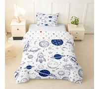 Homemissing Outer Space Duvet Cover Single Size Galaxy Bedding Set for Boys Girls Universe Planets Comforter Cover Space Rocket Print Bedroom Decor 2Pcs White Blue