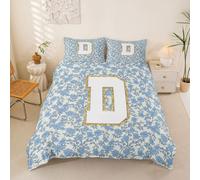 Homemissing Personalized Initial D Duvet Cover Super King Size Blue Floral Comforter Cover for Girls Romantic Flowers Bedding Set 3Pcs Monogrammed Room Decor Breathable Soft Lightweight Microfiber