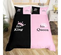 Homemissing Pink Black Crown Bedding Set Double Size, Queen and King Duvet Cover for Lovers Mr And Mrs Comforter Cover Romantic Valentine's Day Bedspread Cover With 2 Pillow Case
