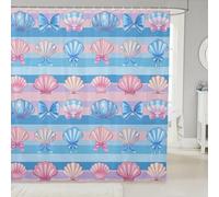 Homemissing Pink Blue Seashell Bow Shower Curtain for Bathroom Decor Seashell Ocean Bath Curtain Stripes Bathroom Accessories Summer Beach Waterproof Polyester Fabric for Stalls Bathtubs 180x200cm