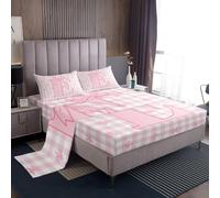 Homemissing Pink Bow Bed Sheets Set Single Size Initial Letter E Bed Set for Kids Boys Girls Buffalo Check Deep Pocket Fitted Sheet Cute Bowknot Plaid Breathable Soft Microfiber Monogrammed