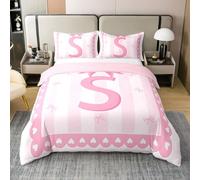 Homemissing Pink Bow Kids Bedding Set King Size,Girl Bow Coquette Duvet Cover 100% Cotton,Initial Letter S Comforter Cover Set,Butterfly Knot Princess Bedspread Cover Personalized Letter S
