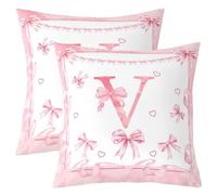 Homemissing Pink Bow Throw Pillow Covers Set of 2 Personalized Initial V Cushion Covers Cute Coquette Bowknot Pillow Case Girly Bow Cushion Case Cute Dreamy Princess Style Bedroom Decor 50x50cm