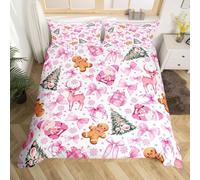 Homemissing Pink Bowknot Bedding Set Double Size Santa Claus Bedding Duvet Cover Set Decor Merry Christmas Tree Gingerbread Man Dreamy Princess Comforter Cover Set Deer Bedspread Cover 3Pcs