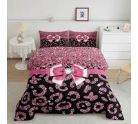 Homemissing Pink Bowknot Down Duvet Single Size Dreamy Princess Style Bedding Set for Kids Glitter（No Glitter Diamond Leopard Print Bedding Set Teens Decor Cute Bow Duvet Set Closure