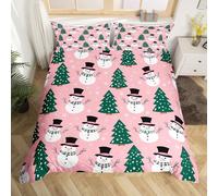 Homemissing Pink Christmas Duvet Cover Set Double Size Boys Girls Xmas Tree and Snowman Bedding Set Breathable Soft Snowflake Duvet Cover 3Pcs Bedroom Decor