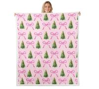 Homemissing Pink Christmas Fleece Throw Blanket Kids Queen 90x90Inch Cute Xmas Tree Sherpa Blanket Plush Fuzzy for Boys Kawaii Bowknot Winter Holiday for Bed Couch Chair Living Room