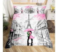 Homemissing Pink Couple Lover Bedding Set Eiffel Tower Duvet Cover Super King Size Bedroom Decor Mr Mrs Paris Modern Cityscape Comforter Cover Set London Street With 2 Pillow Case,No Comforter