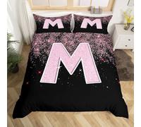 Homemissing Pink Crystal Diamond Letters Pattern Kids Bedding Set,Boys Girls Double Size,Personalized Gifts Duvet Cover,Personalized Letter M Comforter Cover,Glitter Diamond Print Bedroom Decor
