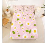 Homemissing Pink Daisy Fitted Sheet Double Size for Kids Boys Girls Cute Floral Flower Printed Bed Sheets Set 16" Deep PocketGreen Leaves Spring Natural Theme Bedding with 2 Pillowcases(No Flat Sheet)